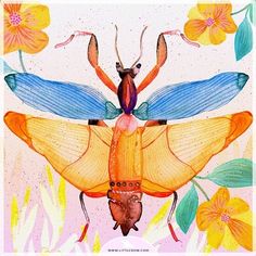 a painting of a bug with wings on it's back, surrounded by flowers