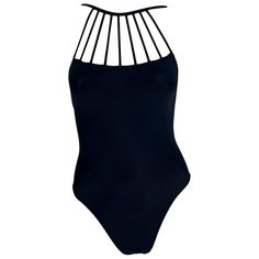 Presenting a fabulous black Herve Leger one-piece swimsuit. From the Spring/Summer 1998 collection, similar bathing suits were featured on the season's runway. This chic one-piece/bodysuit features a strap design above the bust and is made complete with a semi-exposed back. Approximate measurements: Size - S Shoulder to hem: 22" Bust: 22 - 30" Waist: 20 - 28" 80% Polyamide, 20% Lycra Evening Black Lined Swimwear, Elegant Black Summer Leotard, Black Sleeveless Swimwear For Evening, Evening Beachwear Bodysuit In One-piece Style, Evening Beachwear Bodysuit, Elegant One-piece Summer Leotard, Body Noir, Suit Swimsuit, Costume Intero