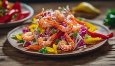 a plate filled with shrimp and coleslaw on top of a wooden table