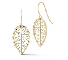 Enjoy the nature-inspired beauty of these dangle earrings, featuring a delicate openwork leaf design complemented by a diamond-cut styled border. From Luminosa Gold. Diamond Cut, Leaf Design, Nature Inspired, Nature Inspiration, Diamond Cuts, Dangle Earrings, Jewelry Earrings, Yellow Gold, Gold