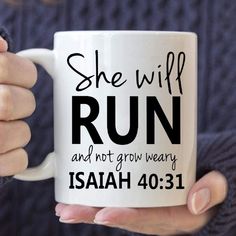 This ''Isaiah 40:31 She will run and not grow weary'' coffee mug is a thoughtful gift for your friends and family  Created by our Christ Follower Life designers and not available anywhere else!  Proudly made to order in the USA Select your size then click "Add to Cart" to order! We guarantee it will exceed your highest expectations! PRODUCT DETAILS - COFFEE MUG This sturdy mug is perfect for your morning coffee, afternoon tea or whatever hot & cold beverage you enjoy. It' Run And Not Grow Weary, Isaiah Bible, Christian Mug, Isaiah 40 31, Church Events, Faith Gifts, Encouragement Gifts, Great Conversation Starters, Custom Coffee