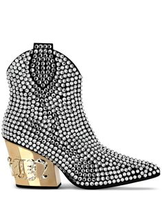 black calf leather crystal embellishment metal toecap metallic heel counter Western style pointed toe short side zip fastening mid block heel 90mm Philipp Plein Shoes, Mid Heel Boots, Jeweled Shoes, Jeweled Sandals, Metallic Heels, Boot Pumps, Philipp Plein, Glam Rock, Suede Ankle Boots