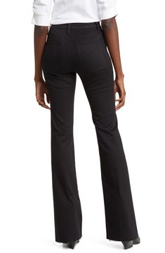 Raw hems relax the style of these high-rise, full-length flare jeans made from soft, lightweight stretch denim in a jet-black wash. 30" inseam; 21" leg opening;10 1/2" front rise; 14" back rise (size 29) 77% cotton, 14% rayon, 6% polyester, 3% elastane Machine wash, tumble dry Made in Turkey Modern Black Mid-rise Flare Jeans, Chic Mid-rise Black Flares, Chic Black Mid-rise Flares, Black Stretch Straight Leg Flare Jeans, Black Stretch Flare Jeans With Straight Leg, Classic Black Stretch Flare Jeans, Black Stretch Flare Jeans Classic Style, Fitted Black Elegant Flare Jeans, Elegant Fitted Black Flare Jeans