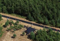 an aerial view of people walking on a road in the woods with trees around them