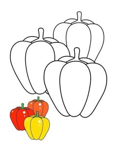 four peppers and one bell pepper are shown in this drawing lesson for children to learn how to draw