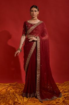 Maroon Designer Embroidered Georgette Wedding Saree-Saira's Boutique Wine Red Wedding, Reception Saree, Maroon Saree, Maroon Wedding, Purple Saree, Ready To Wear Saree, Half Sleeve Blouse, Red Saree, Wedding Saree