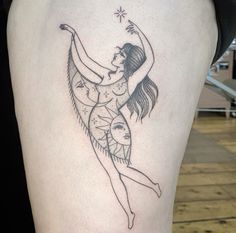 Random Placement Tattoo Sleeve, Whimsical Tattoo Sleeve Ideas, Female Thigh Tattoos Unique, Silloutte Tattoo Women, Line Work Woman Tattoo, Witch Burned At Stake Tattoo, Divine Mother Tattoo, Woman Sitting On Moon Tattoo, American Traditional Tattoo Feminine