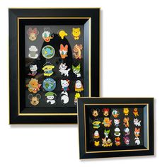 two framed pictures with different cartoon characters on the front and back of each picture in black frames