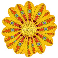 an orange and yellow flower with lots of colorful petals on it's center, in front of a white background