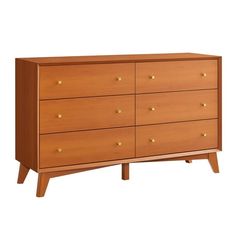 a wooden dresser with gold knobs on the top and bottom drawers, against a white background