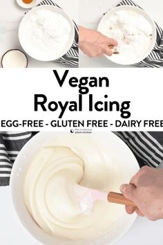 the ingredients for vegan royal icing are in bowls and ready to be mixed together