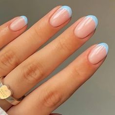 Nails Blue French Tip, Nails Blue French, Short Rounded Acrylic Nails, Blue French Tip, Rounded Acrylic Nails, Short Round Nails, Nails Glossy, French Tip Nail Designs, Press On Nails Short