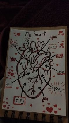 a notepad with a drawing of a heart and words on it that say, my heart is you