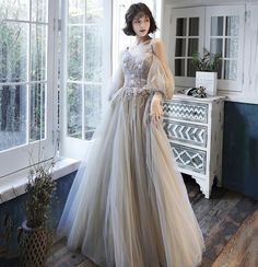 Luxury Floor-length Tulle Evening Dress, Luxury Floor-length Victorian Dress, Floor-length Tulle Dress With Lace Trim, Luxury Tulle V-neck Evening Dress, Ethereal Floor-length Tulle Dresses, Prom Dress A Line, Lace Long Prom Dress, Damaged Clothes, Fashion Walk