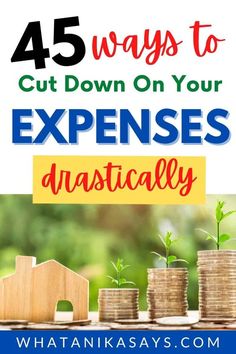 stacks of coins with the words, 45 ways to cut down on your expenses practically