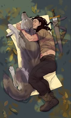 a woman hugging a wolf on top of a bed next to a knife and fork