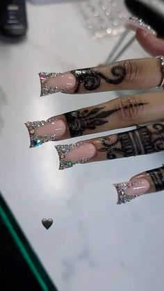 Henna Acrylic Nails, Black Exotic Nails, Exotic Duck Nails, Junk Nails, Duck Nails, Diy Acrylic Nails