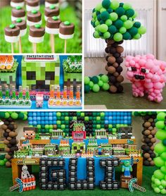 an assortment of desserts and decorations for a minecraft birthday party