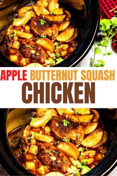 two images showing the steps to make an apple butternut squash chicken dish in crock pot