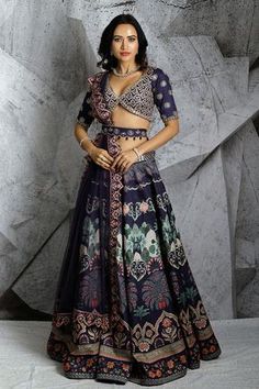 Shop for Archana Kochhar Blue Floral Printed Raw Silk Lehenga Set for Women Online at Aza Fashions Archana Kochhar, Purple Lehenga, Raw Silk Lehenga, Green Lehenga, Embellished Belt, Blue Lehenga, Print Embroidery, Embroidered Belt, Purple Blouse