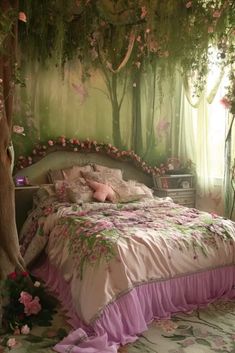 a bedroom decorated in pink and green with flowers on the walls, bedding and curtains