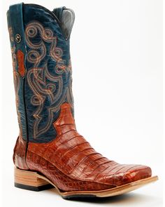 Broad square toe. Pull tabs with caiman outlay and Tanner Mark studs on interior. Exotic caiman belly vamp. Fitted Western Boots With Crocodile Pattern, Cowboy Boots Men, Western Style Boots, Cowboy Outfits, Mens Cowboy, Mens Cowboy Boots, Heel Caps, Rubber Heels, Boots For Sale