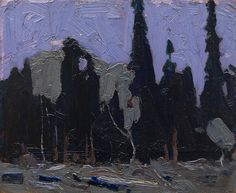 an abstract painting of trees and buildings in the background