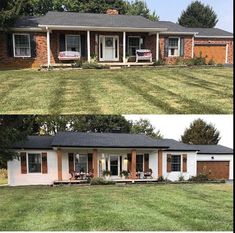 before and after pictures of a house in the middle of a yard with grass on both sides