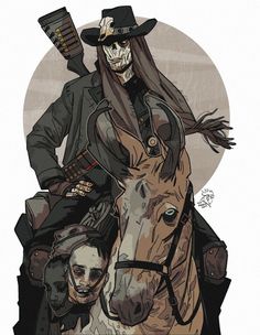 a skeleton riding on the back of a horse next to a man in a top hat