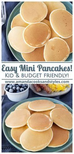 pancakes on a plate with blueberries and yogurt in the background text reads easy mini pancakes kid & budget friendly