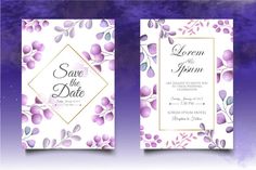 two wedding cards with purple flowers and gold trimmings on the front, side and back