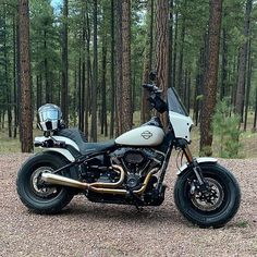 a white and black motorcycle parked in the middle of a forest with trees behind it