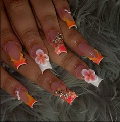 #trendy #summer #flowers #orange #sunset Brown Nails 3d Flowers, Orange Nails Summer Design, Multi Color Flower Nails, Colorful Bright Nails, Airbrush Flower Nails, Short Nails Vacation, Peach Nails Design, Orange Themed Nails, Nail Ideas For Mexico