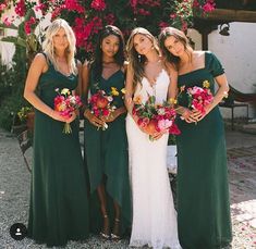 the bridesmaids are all wearing green dresses and holding bouquets in their hands