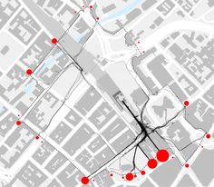 a map with red dots on it that shows the location of several buildings and streets