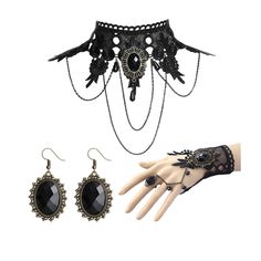 PRICES MAY VARY. GOTHIC ACCESSORIES: Our Halloween jewelry set includes black elegant vintage necklace, black vintage pendant earrings, black ring bracelet. They are all suitable for the upcoming Halloween. Owning our Halloween suit can add to the atmosphere of Halloween festival. GOTHIC WITCH NECKLACE COSTUME FOR WOMEN: The retro black necklace is light in weight and will not bring any burden to the neck and wrist. These accessories are made of exquisite materials and are harmless to your skin. Goth Choker Necklaces, Witchcore Aesthetic, Black Lace Necklace, Black Lace Choker Necklace, Gothic Choker Necklace, Long Fingerless Gloves, Gothic Bracelet, Black Lace Choker, Lace Choker Necklace