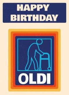 an oldi birthday card with the image of a man holding a chair in front of him