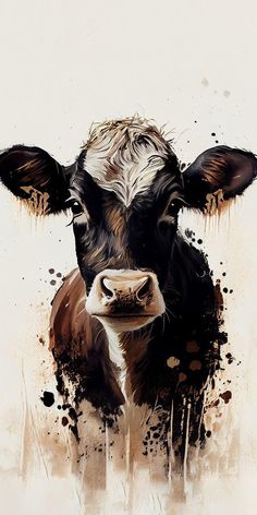 a painting of a cow's face with brown and black spots on its head