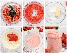 the steps to make strawberry shortcakes in a blender are shown with strawberries