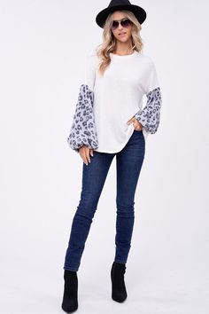 ANGORA ANIMAL PRINT AND SOLID MIXED VOLUME LONG SLEEVE ROUND NECK TOP White Raglan Sleeve Top For Fall, White Raglan Sleeve Tops For Winter, Long Sleeve Cotton Top With Moon Print, Round Neck Tops, Sweater Sale, Country Chic, Bottom Clothes, Two Piece Outfit, Swimwear Tops