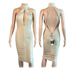 Versace F/W 2004 Runway Unworn Plunging Keyhole Cutout Back Embellished Studded Detail Dress Size IT 42 Condition: New with Tags Look 45 from the Fall 2004 Collection. Versace 1994 Runway, 2004 Runway, Dress Details, The Fall, Evening Dress, Versace, Evening Dresses, Porter, Fashion Outfits