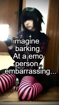 a woman sitting on the floor with her legs crossed and texting imagine barking at a emo person