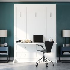 a desk with a laptop computer on top of it next to two lamps and cabinets