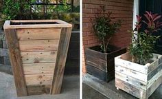 two wooden planters with plants in them