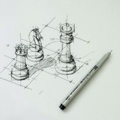 a pencil drawing of chess pieces on paper