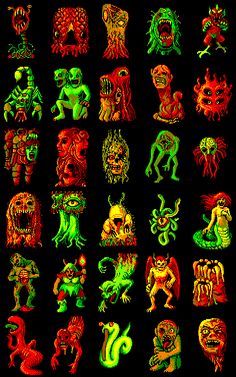 an image of different colored monsters on a black background