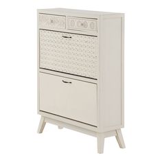 a white cabinet with two drawers on one side and an open drawer on the other