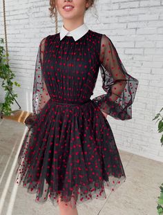 Fluttering Hearts Mini Collar Dress - Teuta Matoshi Teuta Matoshi, Tea Length Skirt, Jewel Dress, Mini Homecoming Dresses, Corset Dress Prom, Draped Blouse, Heart Dress, High Neck Long Sleeve, Tulle Prom Dress