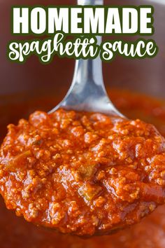 a spoon full of homemade spaghetti sauce with the title above it in green overlay