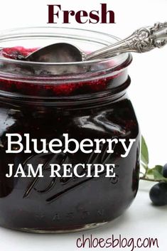 blueberry jam recipe in a jar with spoon